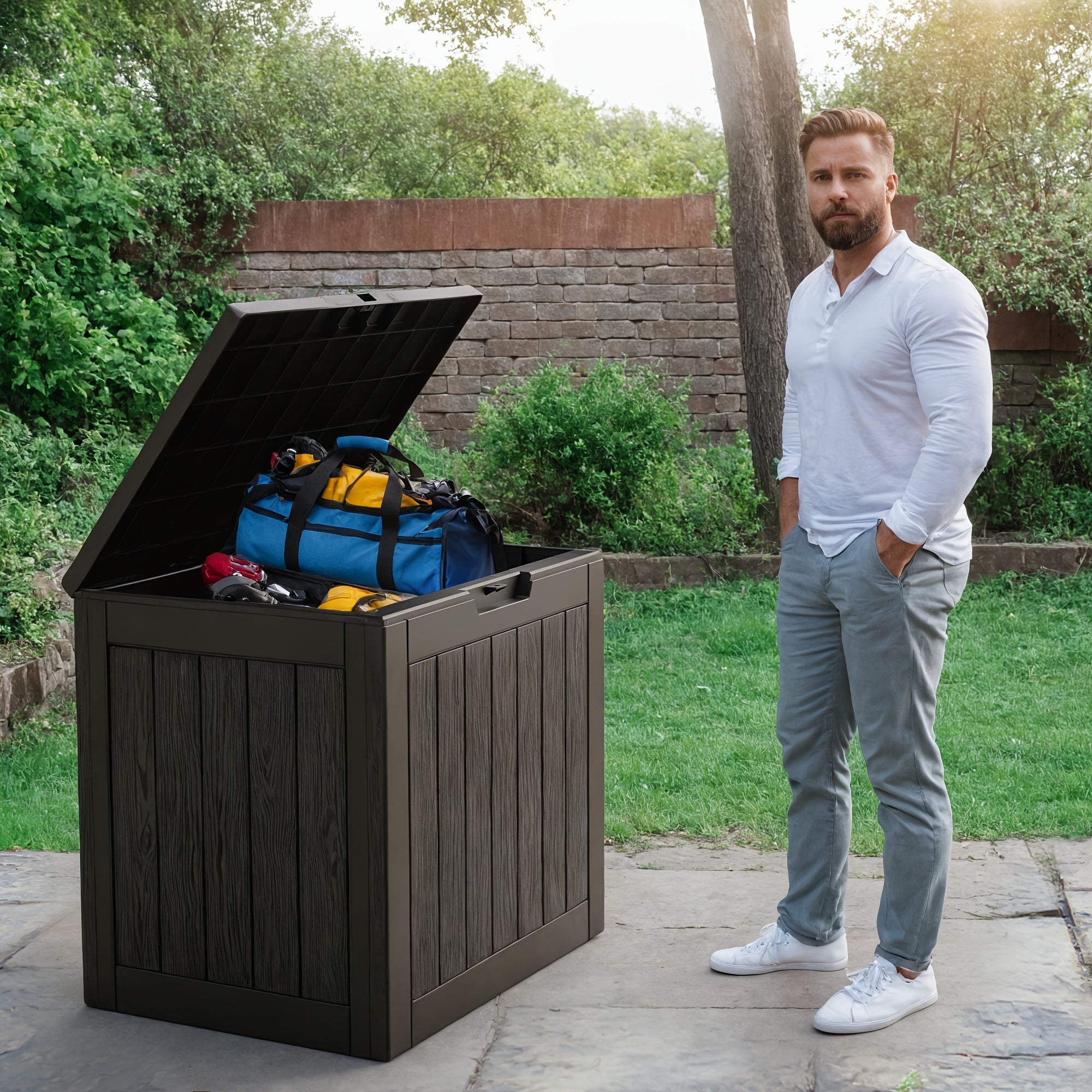 35 Gallon Outdoor Resin Storage Box – Black/Wood Grain